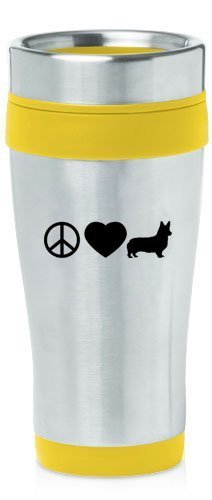 Yellow 16oz Insulated Stainless Steel Travel Mug Z2361 Peace Love Corgi,MIP