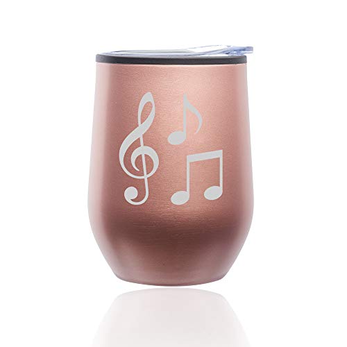Stemless Wine Tumbler Coffee Travel Mug Glass With Lid Music Notes (Rose Gold)