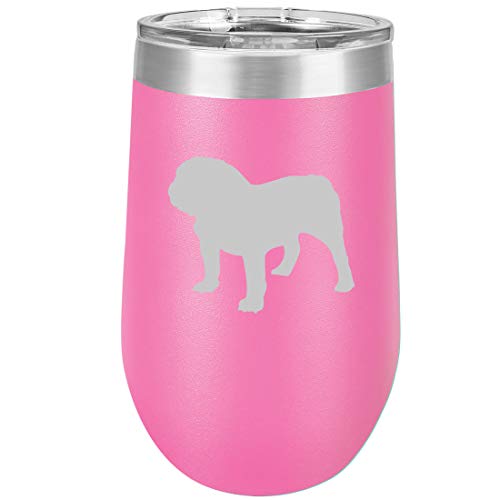 16 oz Double Wall Vacuum Insulated Stainless Steel Stemless Wine Tumbler Glass Coffee Travel Mug With Lid Bulldog (Hot Pink)