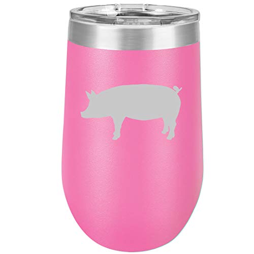 16 oz Double Wall Vacuum Insulated Stainless Steel Stemless Wine Tumbler Glass Coffee Travel Mug With Lid Pig (Hot Pink)