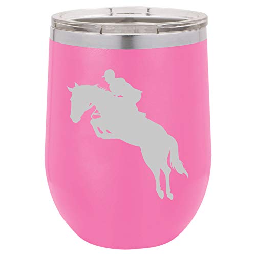 12 oz Double Wall Vacuum Insulated Stainless Steel Stemless Wine Tumbler Glass Coffee Travel Mug With Lid Jockey Horse With Rider (Hot-Pink)