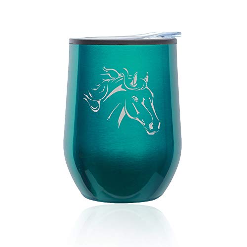 Stemless Wine Tumbler Coffee Travel Mug Glass With Lid Horse Head (Turquoise Teal)