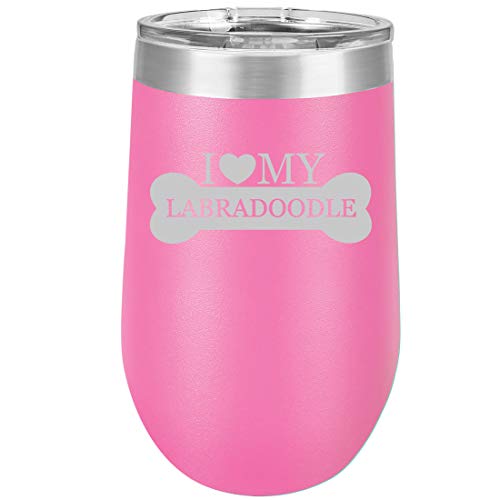 16 oz Double Wall Vacuum Insulated Stainless Steel Stemless Wine Tumbler Glass Coffee Travel Mug With Lid I Love My Labradoodle (Hot Pink)