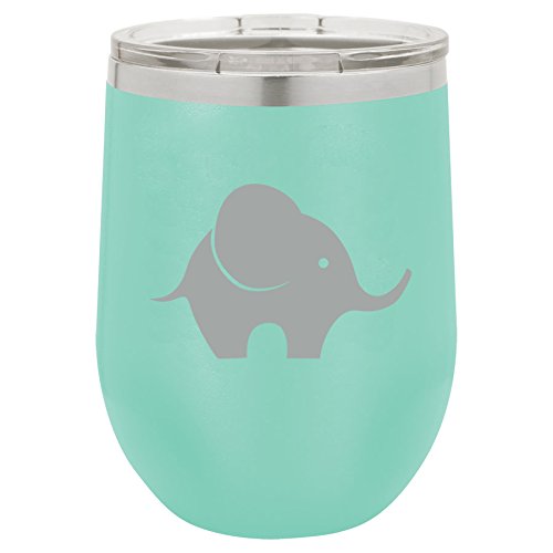 12 oz Double Wall Vacuum Insulated Stainless Steel Stemless Wine Tumbler Glass Coffee Travel Mug With Lid Baby Elephant (Teal)