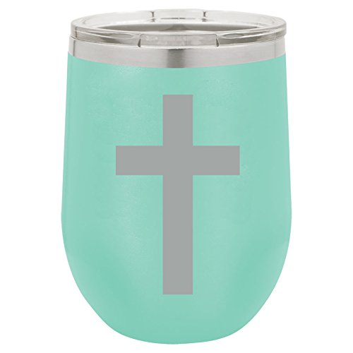 12 oz Double Wall Vacuum Insulated Stainless Steel Stemless Wine Tumbler Glass Coffee Travel Mug With Lid Cross Christian (Teal)