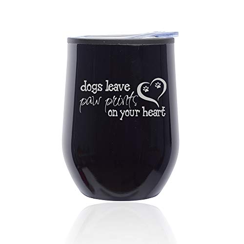 Stemless Wine Tumbler Coffee Travel Mug Glass With Lid Dogs Leave Paw Prints (Midnight Black)