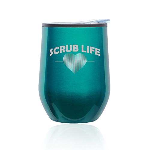 Stemless Wine Tumbler Coffee Travel Mug Glass With Lid Scrub Life Nurse (Turquoise Teal)