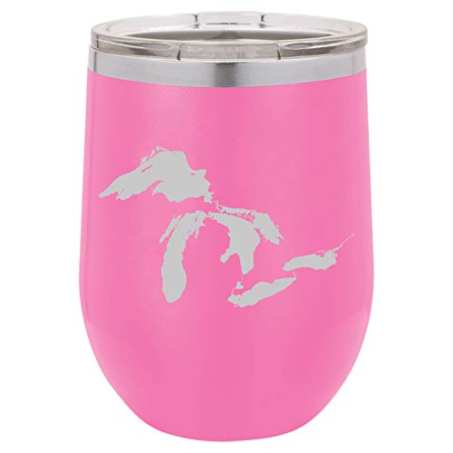 12 oz Double Wall Vacuum Insulated Stainless Steel Stemless Wine Tumbler Glass Coffee Travel Mug With Lid Great Lakes Michigan (Hot-Pink)