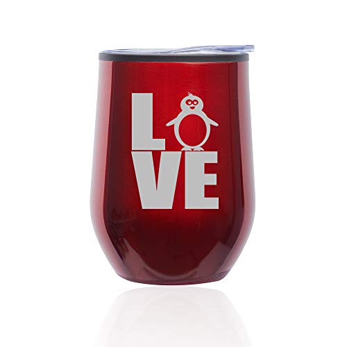 Stemless Wine Tumbler Coffee Travel Mug Glass With Lid Love Penguin (Red)