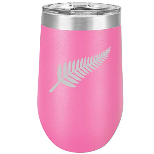 16 oz Double Wall Vacuum Insulated Stainless Steel Stemless Wine Tumbler Glass Coffee Travel Mug With Lid New Zealand Silver Fern (Hot Pink)