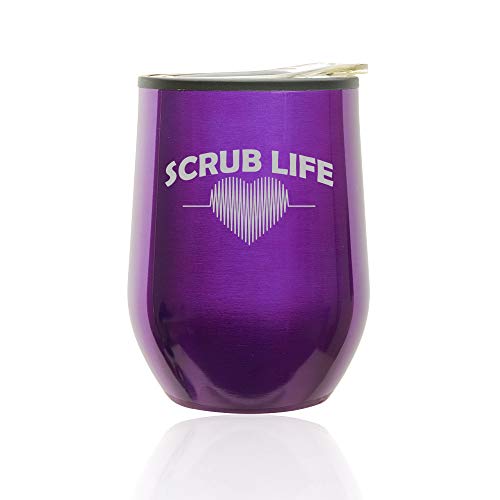 Stemless Wine Tumbler Coffee Travel Mug Glass With Lid Scrub Life Nurse (Royal Purple)