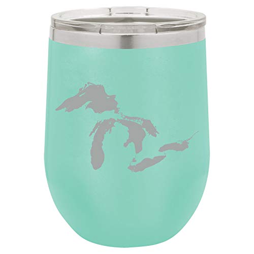 12 oz Double Wall Vacuum Insulated Stainless Steel Stemless Wine Tumbler Glass Coffee Travel Mug With Lid Great Lakes Michigan (Teal)