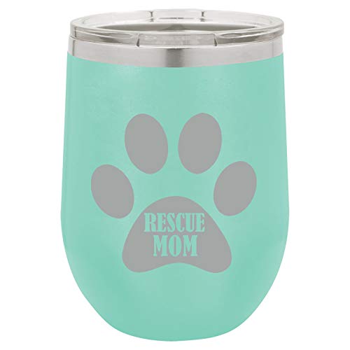 12 oz Double Wall Vacuum Insulated Stainless Steel Stemless Wine Tumbler Glass Coffee Travel Mug With Lid Paw Print Rescue Mom (Teal)