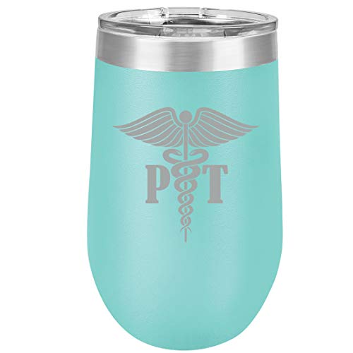 16 oz Double Wall Vacuum Insulated Stainless Steel Stemless Wine Tumbler Glass Coffee Travel Mug With Lid PT Physical Therapy Therapist (Teal)