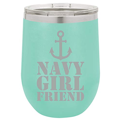 12 oz Double Wall Vacuum Insulated Stainless Steel Stemless Wine Tumbler Glass Coffee Travel Mug With Lid Navy Girlfriend Anchor (Teal)