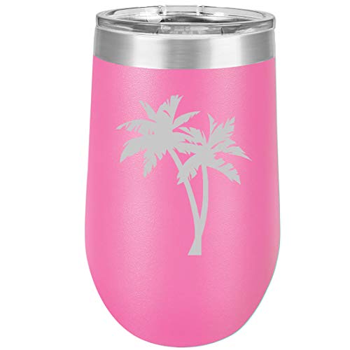 16 oz Double Wall Vacuum Insulated Stainless Steel Stemless Wine Tumbler Glass Coffee Travel Mug With Lid Palm Trees (Hot Pink)
