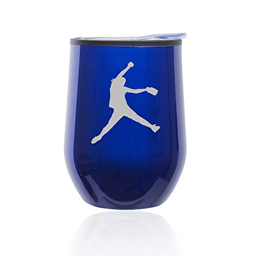 Stemless Wine Tumbler Coffee Travel Mug Glass With Lid Female Softball Pitcher (Blue)