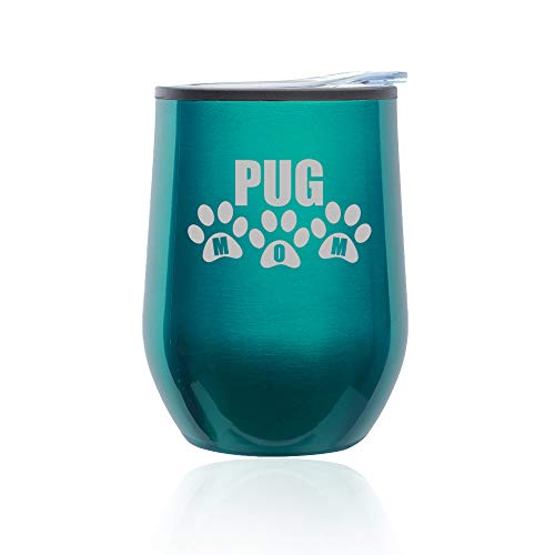 Stemless Wine Tumbler Coffee Travel Mug Glass With Lid Pug Mom (Turquoise Teal)