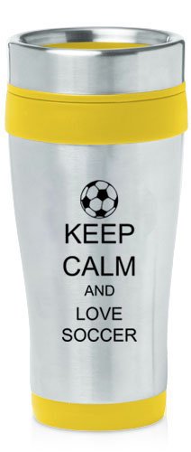 Yellow 16oz Insulated Stainless Steel Travel Mug Z1297 Keep Calm and Love Soccer