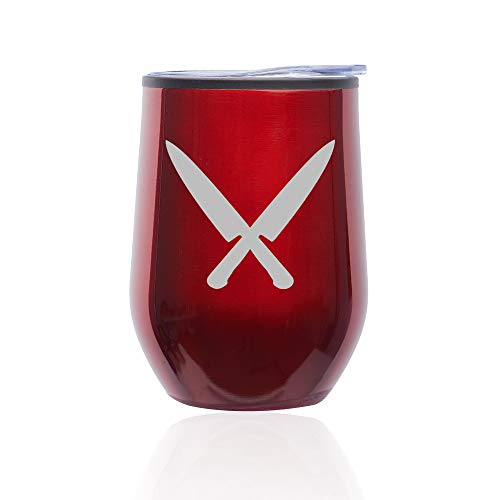 Stemless Wine Tumbler Coffee Travel Mug Glass With Lid Chef Knives (Red)