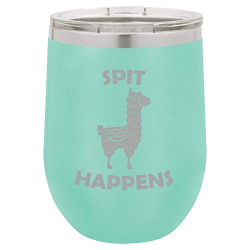 12 oz Double Wall Vacuum Insulated Stainless Steel Stemless Wine Tumbler Glass Coffee Travel Mug With Lid Spit Happens Funny Llama (Teal)