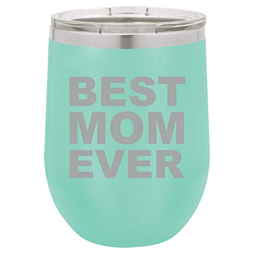 12 oz Double Wall Vacuum Insulated Stainless Steel Stemless Wine Tumbler Glass Coffee Travel Mug With Lid Best Mom Ever (Teal)