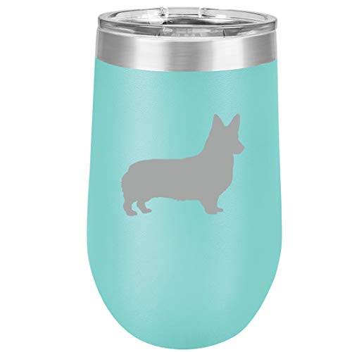 16 oz Double Wall Vacuum Insulated Stainless Steel Stemless Wine Tumbler Glass Coffee Travel Mug With Lid Corgi (Teal)