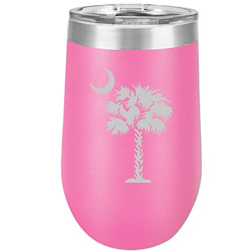 16 oz Double Wall Vacuum Insulated Stainless Steel Stemless Wine Tumbler Glass Coffee Travel Mug With Lid Palmetto Tree South Carolina Palm Moon (Hot Pink)