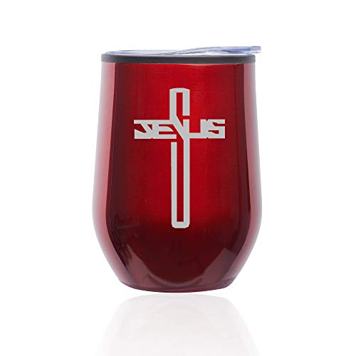 Stemless Wine Tumbler Coffee Travel Mug Glass With Lid Jesus Cross (Red)