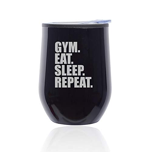 Stemless Wine Tumbler Coffee Travel Mug Glass With Lid Gym Eat Sleep Repeat (Midnight Black)