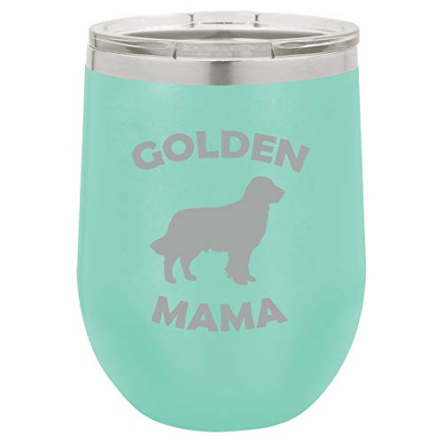 12 oz Double Wall Vacuum Insulated Stainless Steel Stemless Wine Tumbler Glass Coffee Travel Mug With Lid Golden Mama Golden Retriever (Teal)