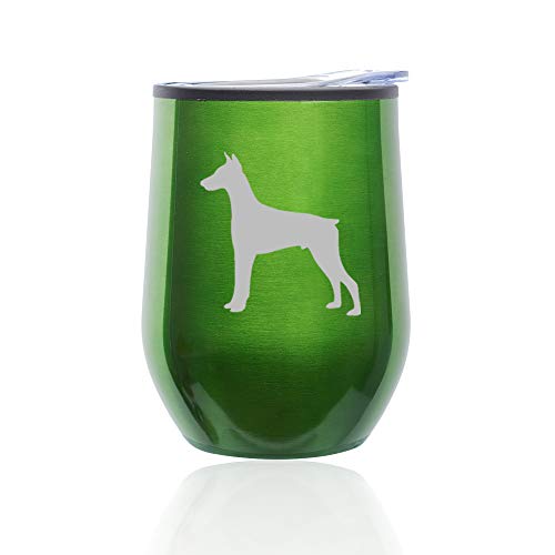 Stemless Wine Tumbler Coffee Travel Mug Glass With Lid Doberman (Green)