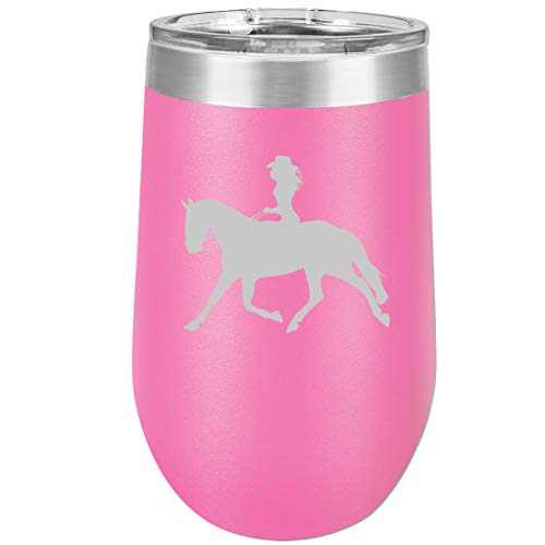 16 oz Double Wall Vacuum Insulated Stainless Steel Stemless Wine Tumbler Glass Coffee Travel Mug With Lid Cowgirl Riding Horse (Hot Pink)