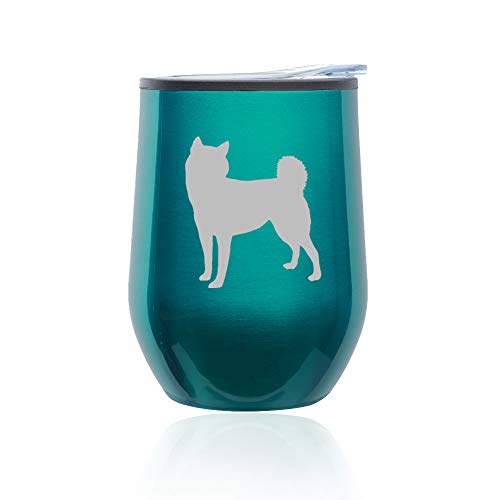 Stemless Wine Tumbler Coffee Travel Mug Glass With Lid Shiba Inu (Turquoise Teal)