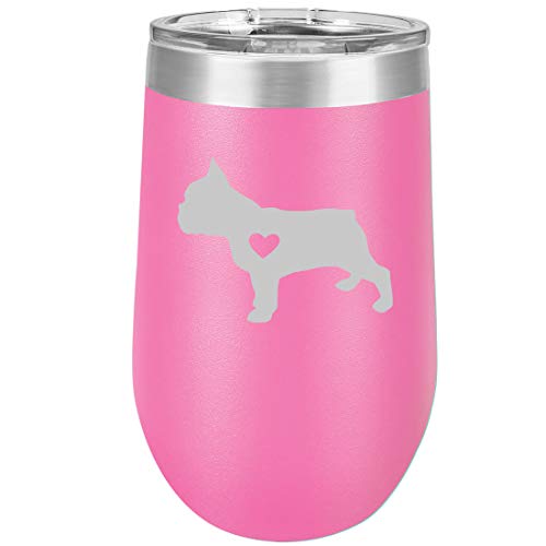 16 oz Double Wall Vacuum Insulated Stainless Steel Stemless Wine Tumbler Glass Coffee Travel Mug With Lid Cute French Bulldog With Heart (Hot Pink)