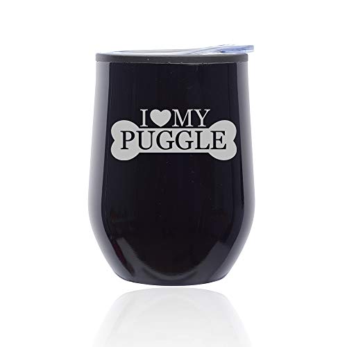Stemless Wine Tumbler Coffee Travel Mug Glass With Lid I Love My Puggle (Midnight Black)