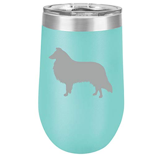 16 oz Double Wall Vacuum Insulated Stainless Steel Stemless Wine Tumbler Glass Coffee Travel Mug With Lid Collie (Teal)