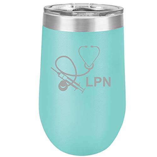 16 oz Double Wall Vacuum Insulated Stainless Steel Stemless Wine Tumbler Glass Coffee Travel Mug With Lid Licensed Practical Nurse LPN (Teal)