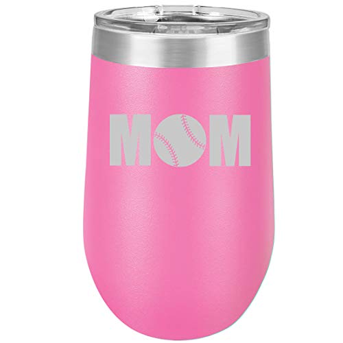 16 oz Double Wall Vacuum Insulated Stainless Steel Stemless Wine Tumbler Glass Coffee Travel Mug With Lid MOM Baseball Softball (Hot Pink)
