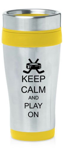 Yellow 16oz Insulated Stainless Steel Travel Mug Z1353 Keep Calm and Play On Hockey