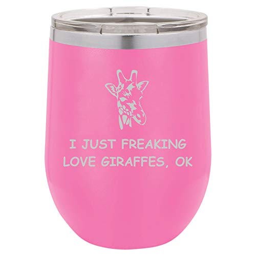 12 oz Double Wall Vacuum Insulated Stainless Steel Stemless Wine Tumbler Glass Coffee Travel Mug With Lid I Just Freaking Love Giraffes Funny (Hot Pink)