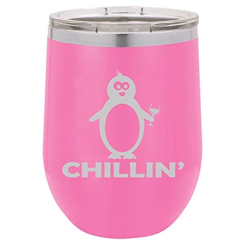 12 oz Double Wall Vacuum Insulated Stainless Steel Stemless Wine Tumbler Glass Coffee Travel Mug With Lid Funny Penguin Chillin (Hot Pink)