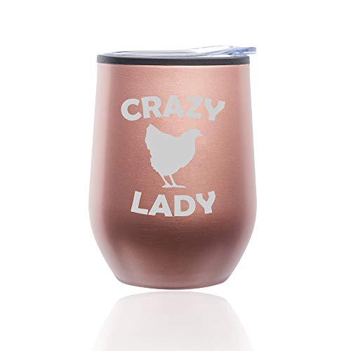 Stemless Wine Tumbler Coffee Travel Mug Glass With Lid Crazy Chicken Lady (Rose Gold)