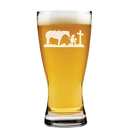 15 oz Beer Pilsner Glass Cowgirl Praying Cross Horse