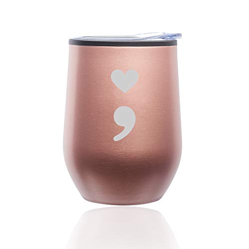 Stemless Wine Tumbler Coffee Travel Mug Glass With Lid Heart Semicolon (Rose Gold)