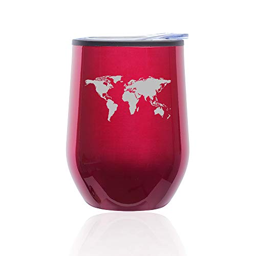Stemless Wine Tumbler Coffee Travel Mug Glass With Lid World Map (Fuchsia)