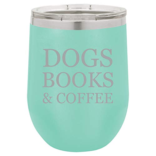 12 oz Double Wall Vacuum Insulated Stainless Steel Stemless Wine Tumbler Glass Coffee Travel Mug With Lid Dogs Books & Coffee (Teal)