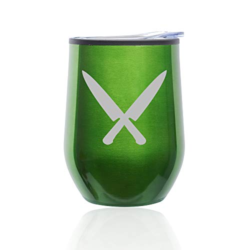 Stemless Wine Tumbler Coffee Travel Mug Glass With Lid Chef Knives (Green)