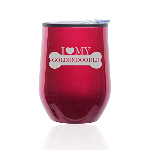 Stemless Wine Tumbler Coffee Travel Mug Glass With Lid I Love My Goldendoodle (Fuchsia)