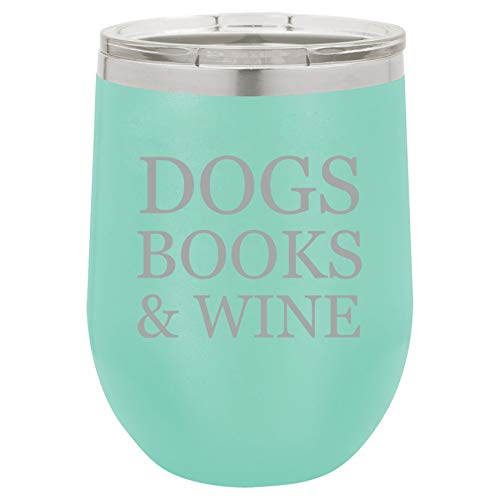 12 oz Double Wall Vacuum Insulated Stainless Steel Stemless Wine Tumbler Glass Coffee Travel Mug With Lid Dogs Books & Wine (Teal)